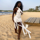 solid color halterneck streamer dress