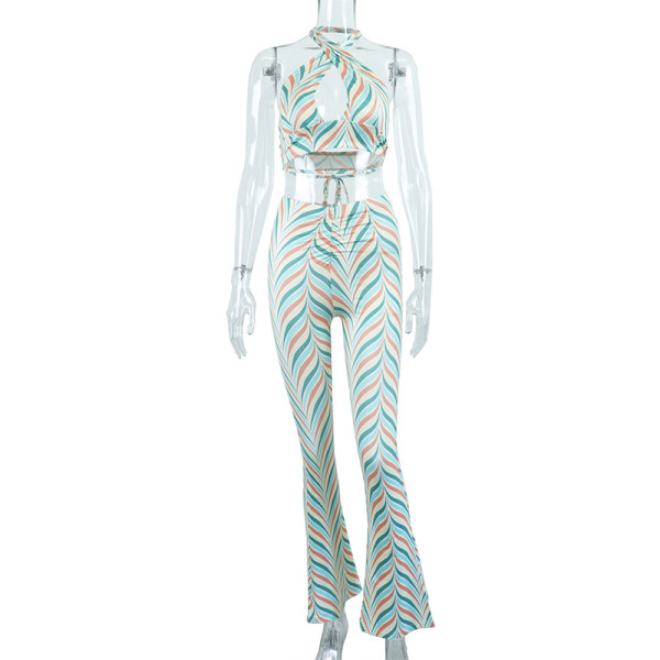 Casual halterneck lace-up backless print high-waisted hip-lifting trousers suit