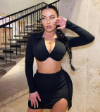 Cardigan long-sleeved short crop top + slim-fit slit skirt two-piece suit
