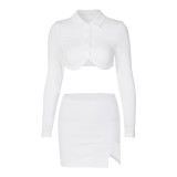 Cardigan long-sleeved short crop top + slim-fit slit skirt two-piece suit