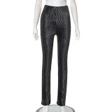 Solid Color Foil Stamping Thread Slim Fit High Waist Casual Trousers