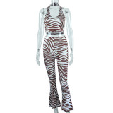 Striped Print Shirt Collar Cropped Vest High Waist Wide Leg Pants Fashion Set