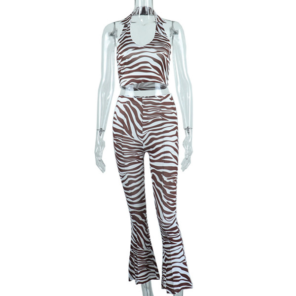 Striped Print Shirt Collar Cropped Vest High Waist Wide Leg Pants Fashion Set