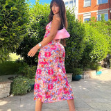Digital Print V-Neck Sling Mid Length Slit Dress