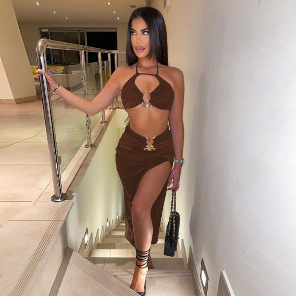 Women's Sexy Stitching Halter Hollow Vest Solid Color Midi Skirt Suit