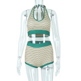 Striped Halter Tie Back Tank Top Contrast Shorts Two-Piece Set