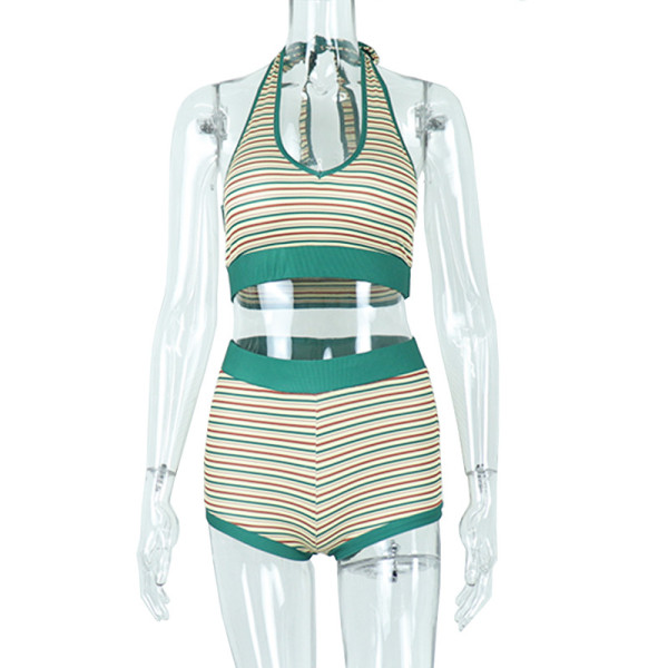 Striped Halter Tie Back Tank Top Contrast Shorts Two-Piece Set