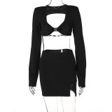 Long Sleeve Cutout T-Shirt Irregular Skirt Two Piece Fashion Set