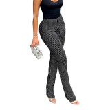 Solid Color Foil Stamping Thread Slim Fit High Waist Casual Trousers