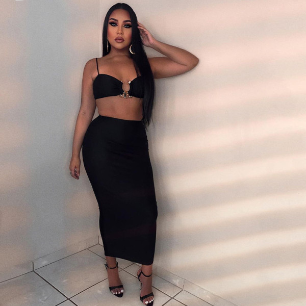 Fashionable and sexy solid color suspenders navel-length slim dress suit