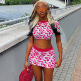 Printed Contrast Crew Neck Top Mini Skirt Fashion Set