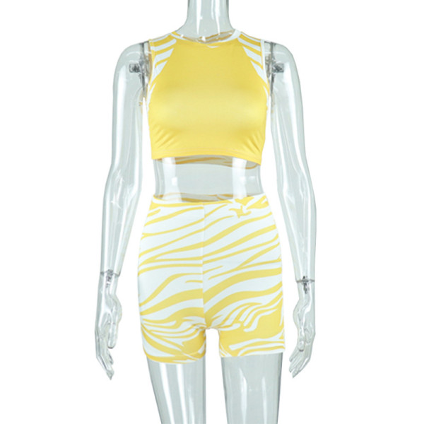 Round Neck Short Printed Vest High Waist Slim Fit Hip Shorts Fashion Suit