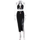 Women's Sexy Stitching Halter Hollow Vest Solid Color Midi Skirt Suit