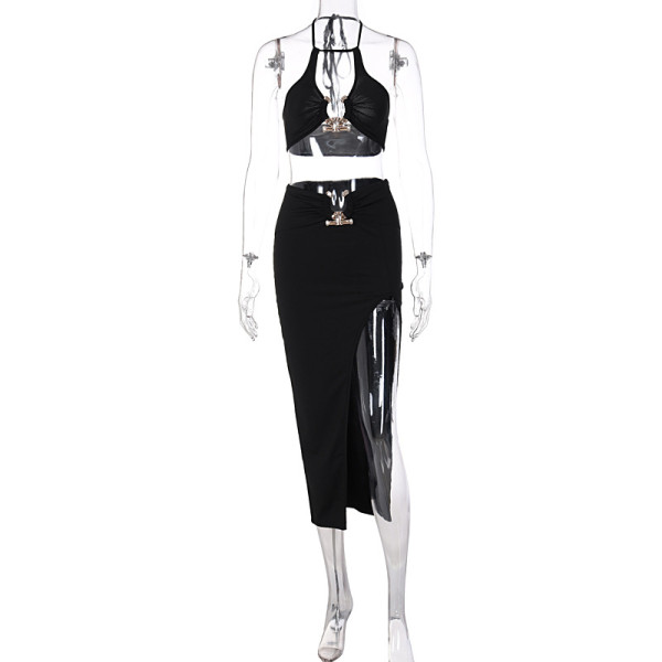 Women's Sexy Stitching Halter Hollow Vest Solid Color Midi Skirt Suit