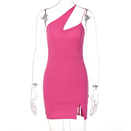 Women's fashionable slanted shoulder lace-up stitching solid color backless small slit dress