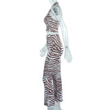 Striped Print Shirt Collar Cropped Vest High Waist Wide Leg Pants Fashion Set