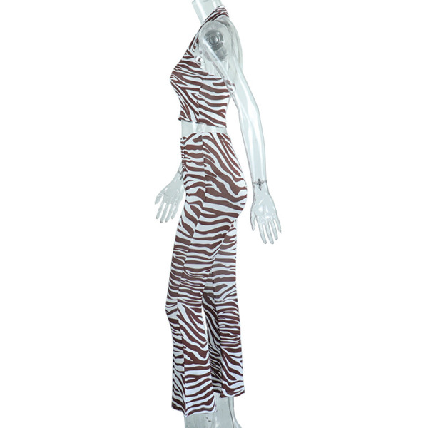 Striped Print Shirt Collar Cropped Vest High Waist Wide Leg Pants Fashion Set