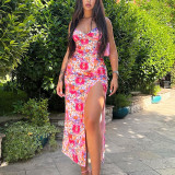 Digital Print V-Neck Sling Mid Length Slit Dress