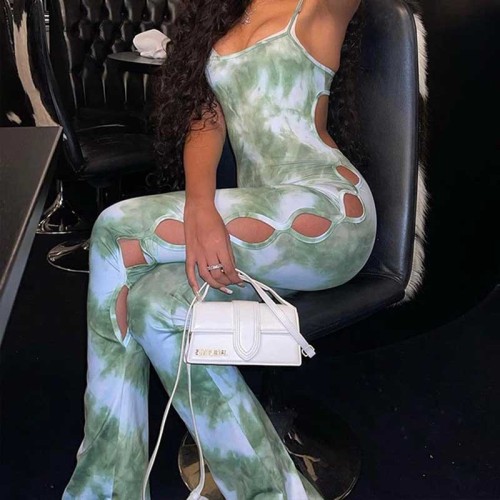Sling digital printing hollow jumpsuit