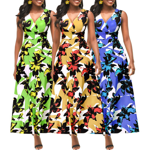 Sexy Fashion Digital Print V Neck Sleeveless Women Dress