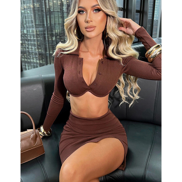 Cardigan long-sleeved short crop top + slim-fit slit skirt two-piece suit