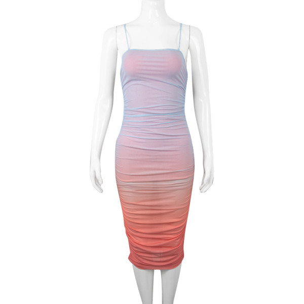 Mesh pleated ombré maxi dress