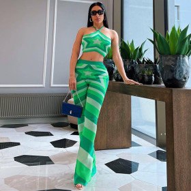 Women's Pentagram Print Halter Vest High Waist Wide Leg Pants Fashion Set