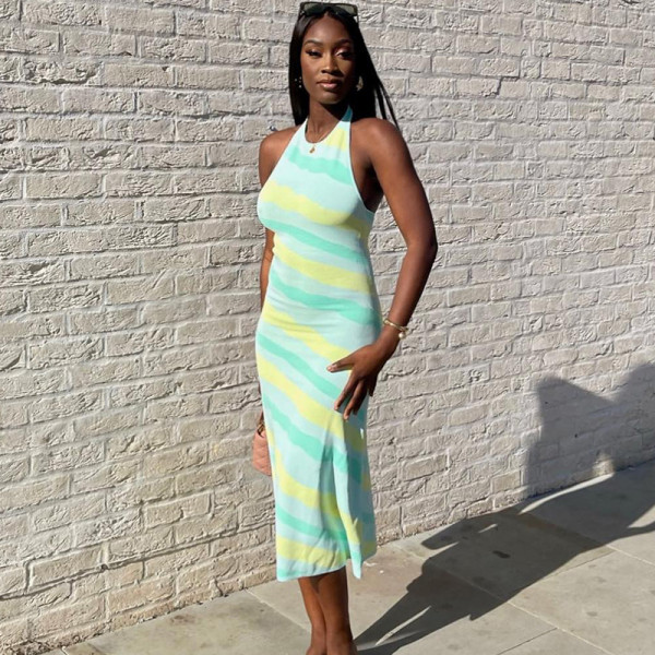 Round neck halterneck open back digital print midi dress