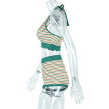 Striped Halter Tie Back Tank Top Contrast Shorts Two-Piece Set