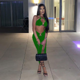 Women's Sexy Stitching Halter Hollow Vest Solid Color Midi Skirt Suit