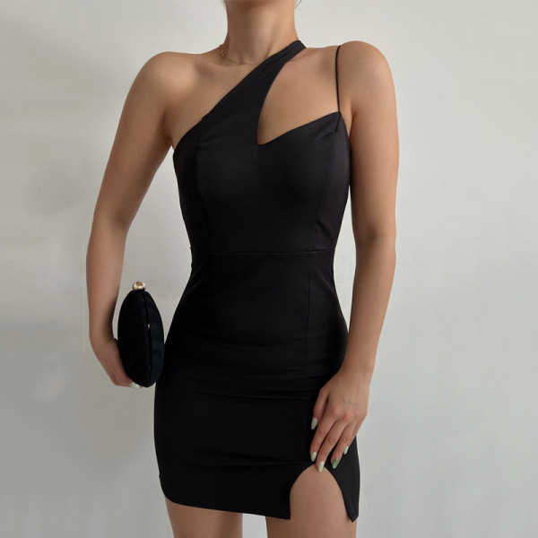 Women's fashionable slanted shoulder lace-up stitching solid color backless small slit dress