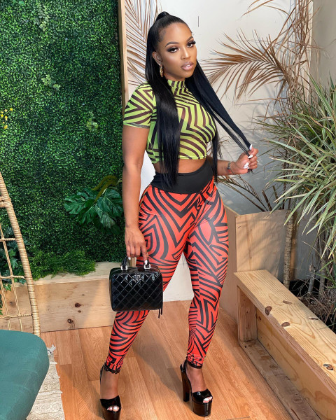 Temperament mesh top and pants printing two-piece set
