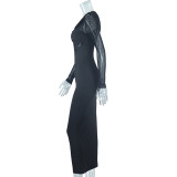 Crew Neck Mesh Panel Long Sleeve Midi Bodysuit