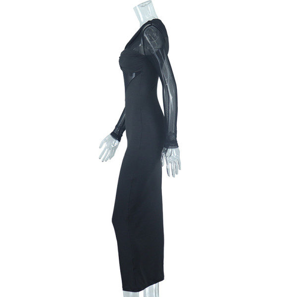 Crew Neck Mesh Panel Long Sleeve Midi Bodysuit