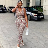 Striped Print Shirt Collar Cropped Vest High Waist Wide Leg Pants Fashion Set