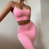 Solid Color Sling Wrap Midi Dress Two-Piece Set