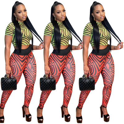 Temperament mesh top and pants printing two-piece set
