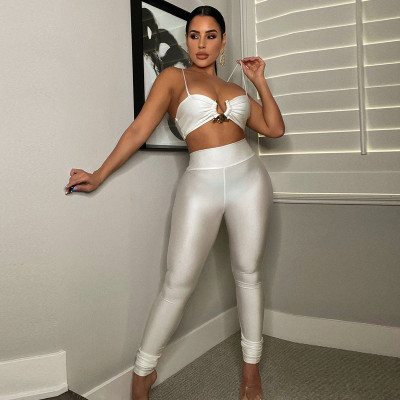 Fashion suit women's solid color camisole cropped navel slim trousers two-piece set