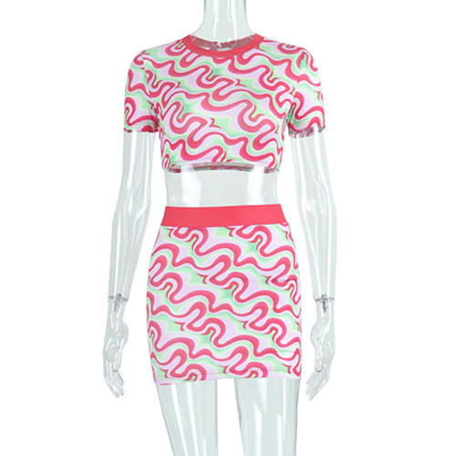 Printed Contrast Crew Neck Top Mini Skirt Fashion Set