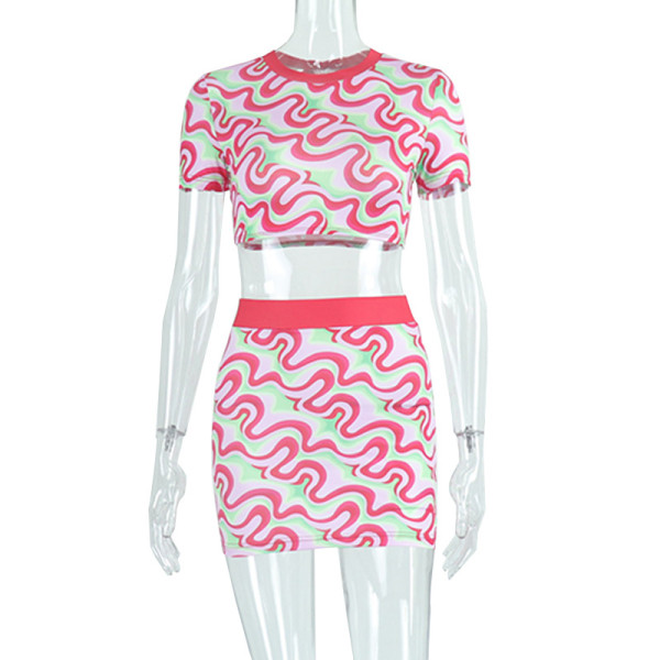 Printed Contrast Crew Neck Top Mini Skirt Fashion Set