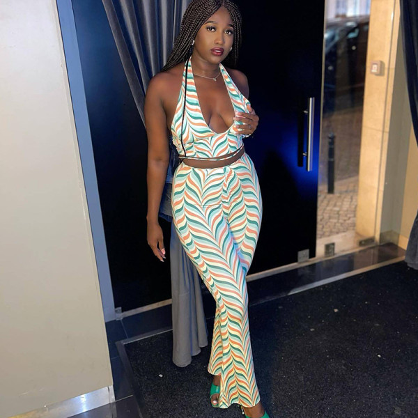 Casual halterneck lace-up backless print high-waisted hip-lifting trousers suit