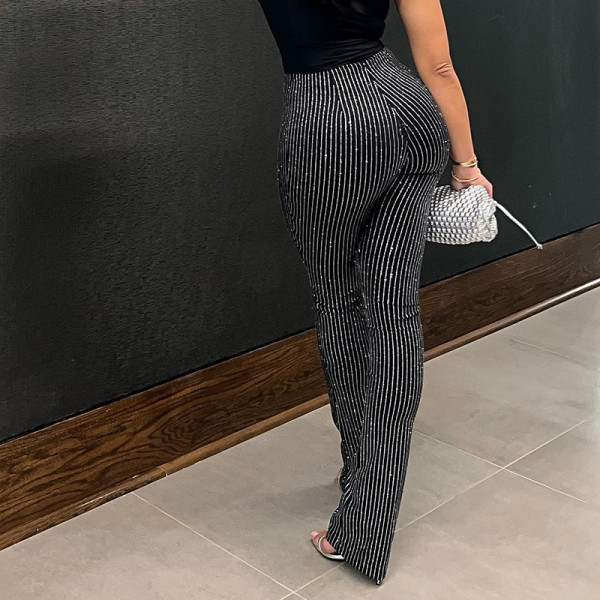 Solid Color Foil Stamping Thread Slim Fit High Waist Casual Trousers