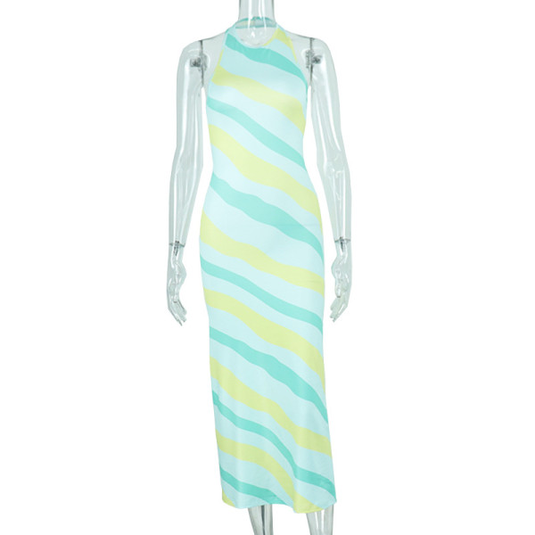 Round neck halterneck open back digital print midi dress