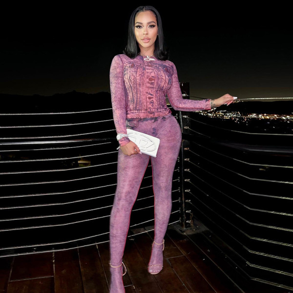 Printed Sexy T-Shirt Long Sleeve Skinny Hollow Mesh Trousers Set