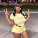 Open Waist Athleisure Letter Embroidered T-Shirt High Waist Shorts Set