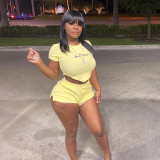 Open Waist Athleisure Letter Embroidered T-Shirt High Waist Shorts Set