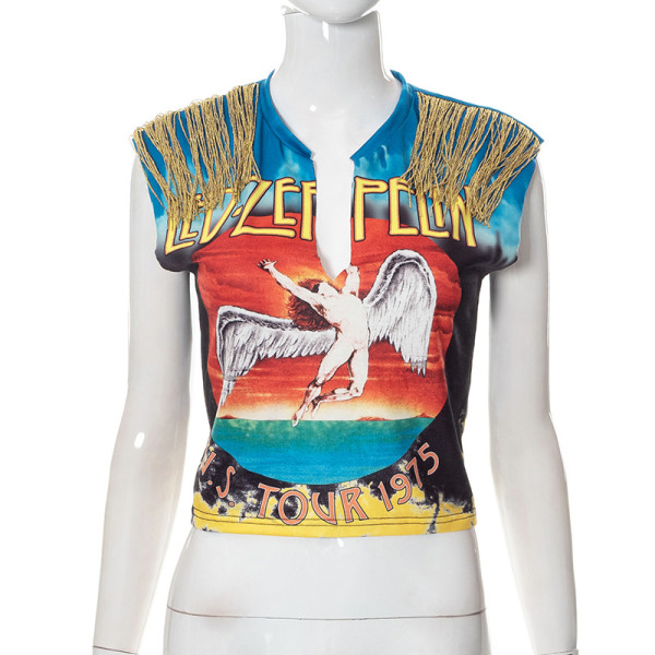 Printed Fringe Slit Sleeveless Tie T-Shirt Top