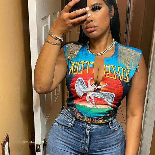 Printed Fringe Slit Sleeveless Tie T-Shirt Top