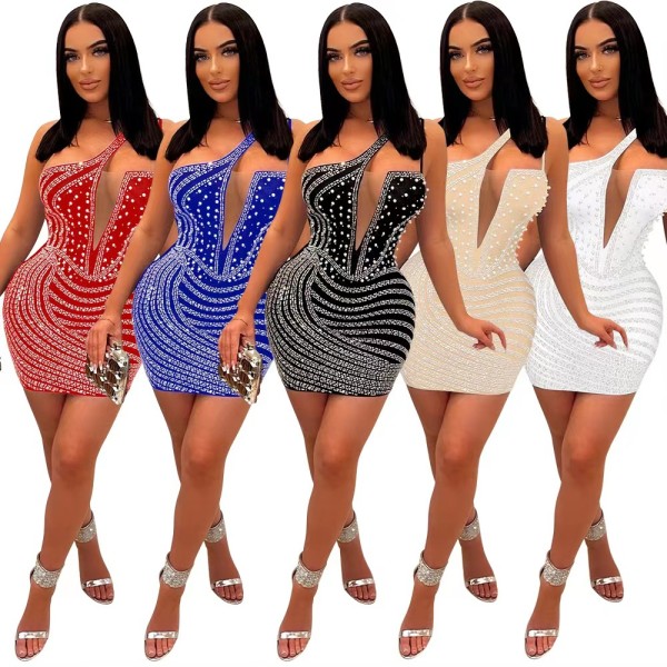 Women's slanted shoulder hot diamond bag hip sleeveless dress with bubble beads