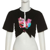 Digital printing street hipster short-sleeved navel cardigan slim casual top